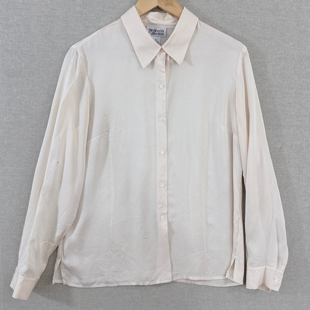 Style & Co. Collection Silk Button Down Blouse Cream Beige